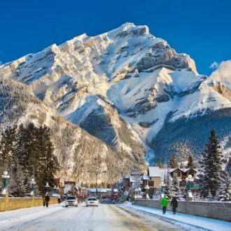 Banff street view of mountain and town