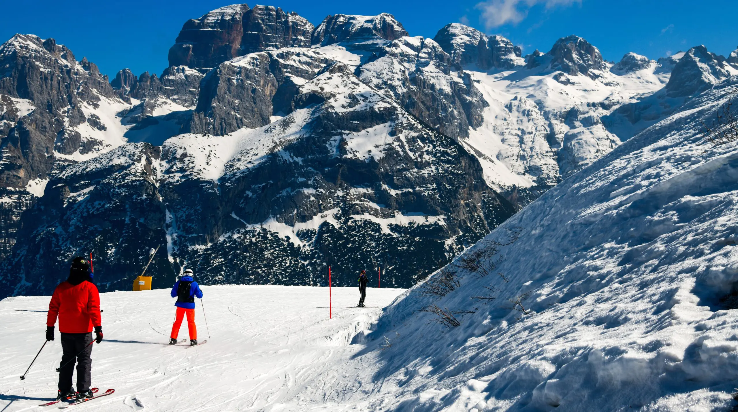 Winter activites at Pinzolo Ski Resort in Val Renda with a natural scene of great beauty: the Brenta Dolomites, Italy. Europe.