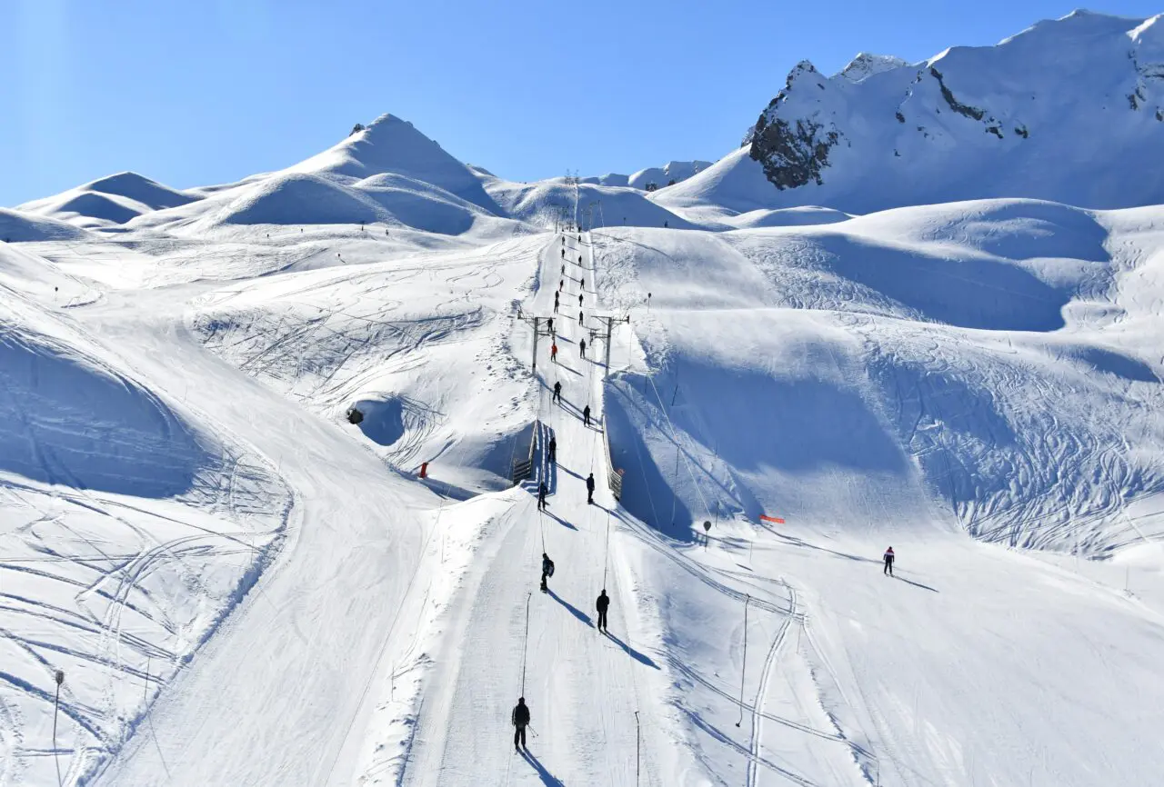 Ski slopes of Courchevel ski resort by winter