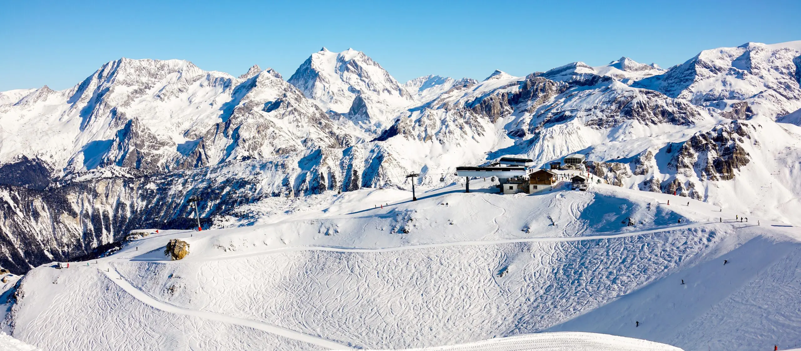 Landscape of ski slopes over French alps in winter resort Courchevel.